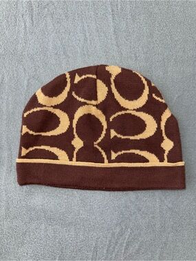 Brown Tan Signature C Pattern Knit Beanie Hat
